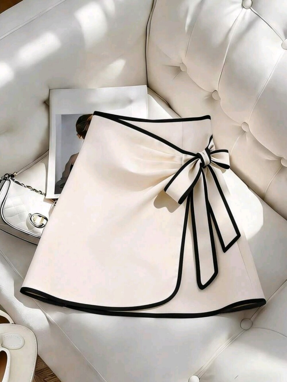 Apricot Plain Mini Skirt For Women With Knot Detail And Black Trim